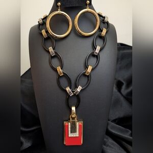 #51. Spectacular Ann Taylor and Black Chain Necklace w Orange Stone  Pendant